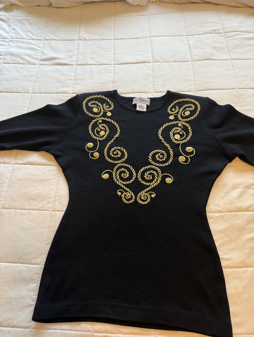 Bloomingdale's Vintage Black Long Sleeve Top Gold Embroidery Size S